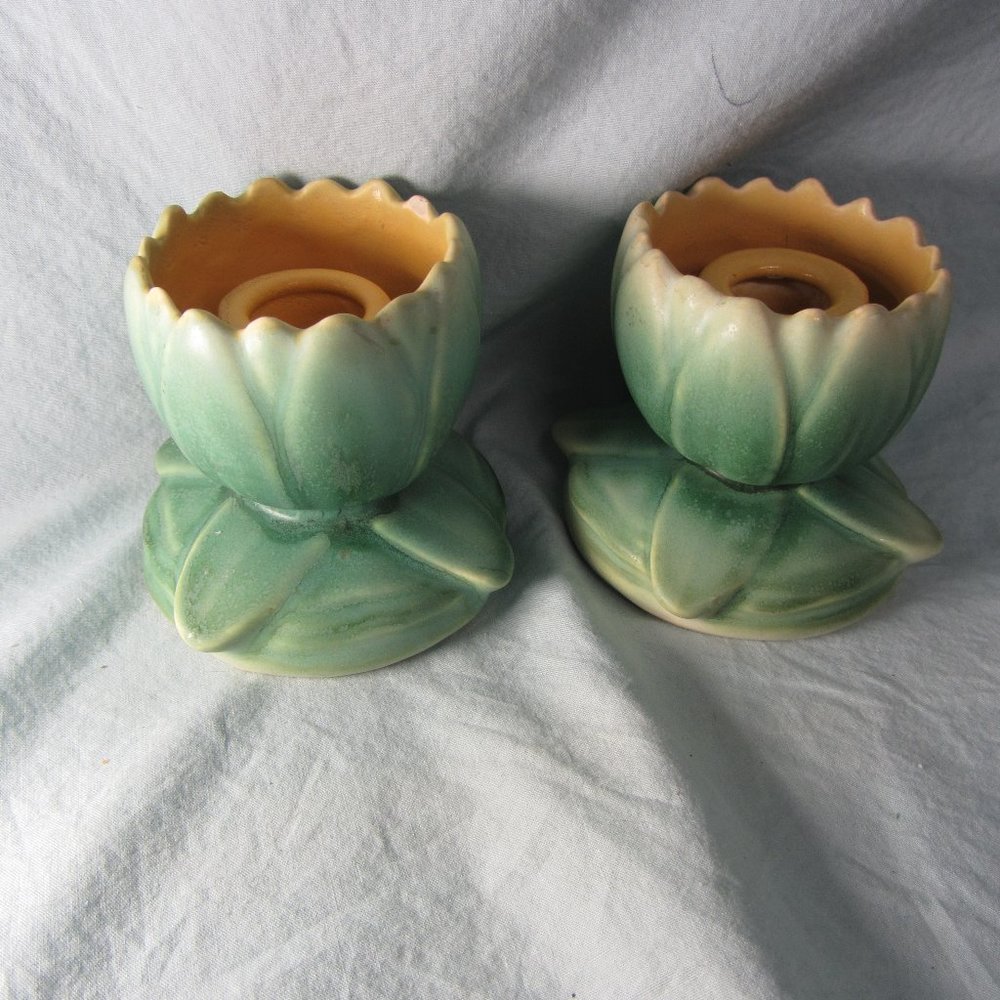 PAIR vintage Weller art pottery pumila aquatic flower candle holders (w1978)